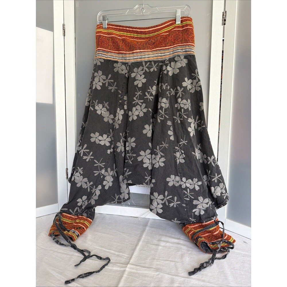 Boho Cotton Harem Pants Size L Drop Crotch Hill Tribe Trim Floral Aladdin Genie